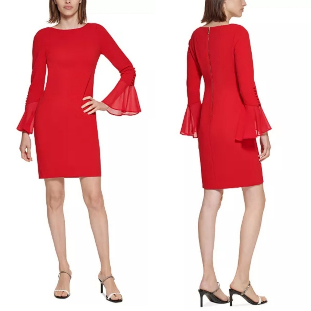 Calvin Klein Red Chiffon-Cuff Bell Sleeve Dress